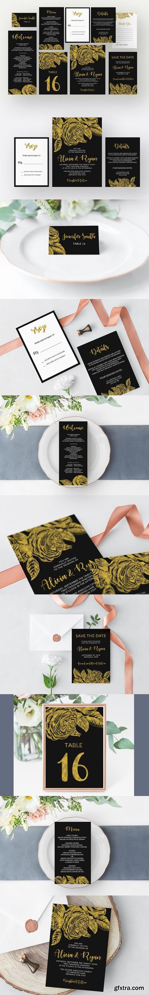 CM - Gold roses flower black invitation 2324978