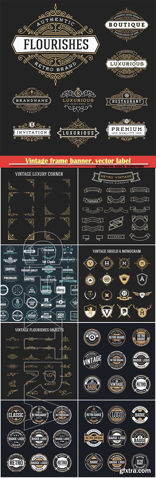 Vintage frame banner, vector label collection