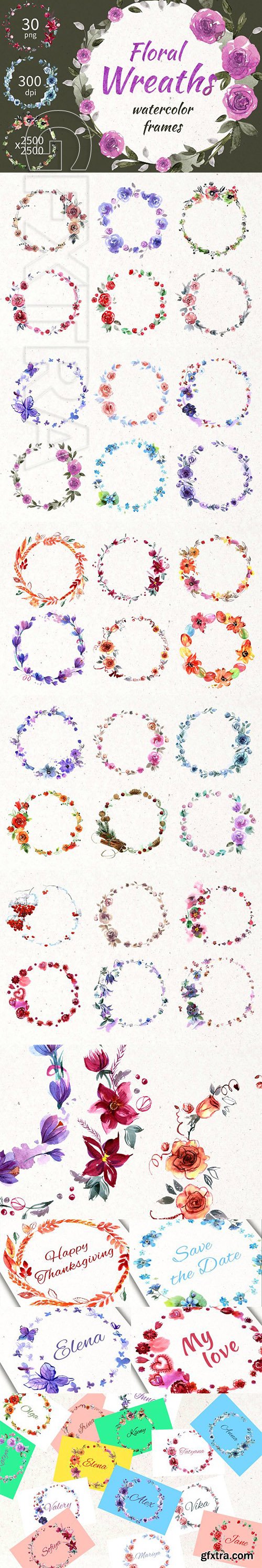 CreativeMarket - 30 Watercolor Floral Wreaths 2369081