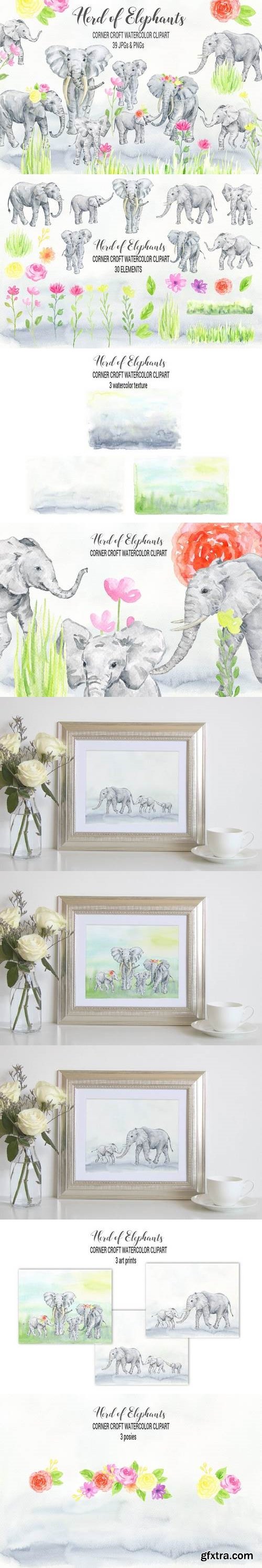 Watercolor herd of elephants