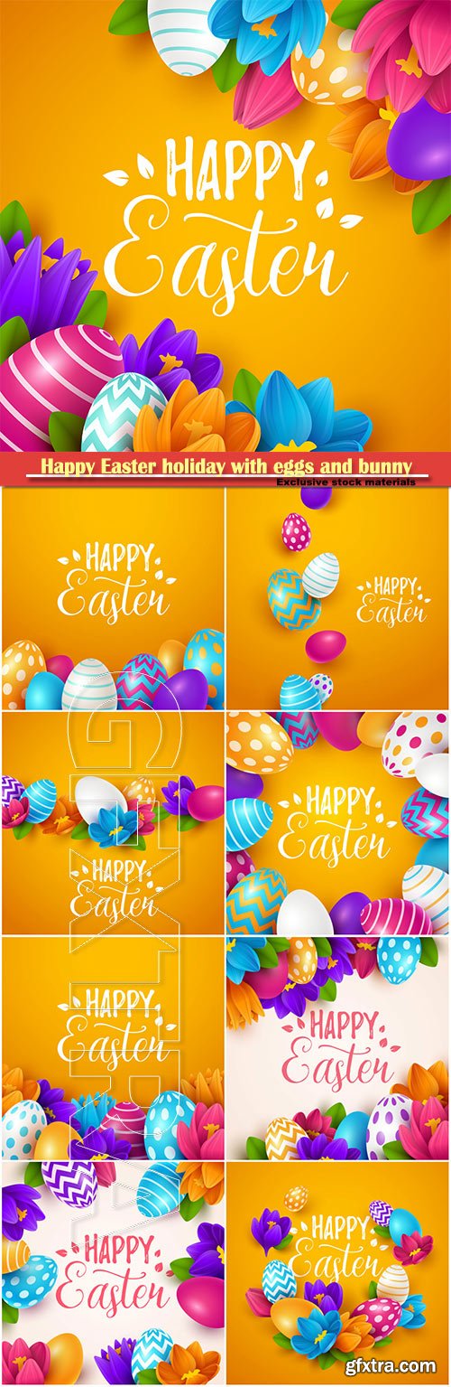 Happy Easter holiday with eggs and bunny, vector illustration # 16