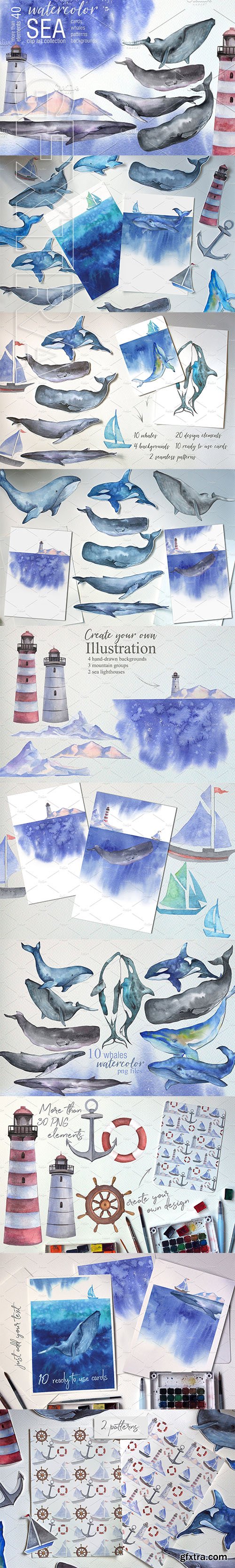 CreativeMarket - Watercolor Sea Whales clip art 2370047