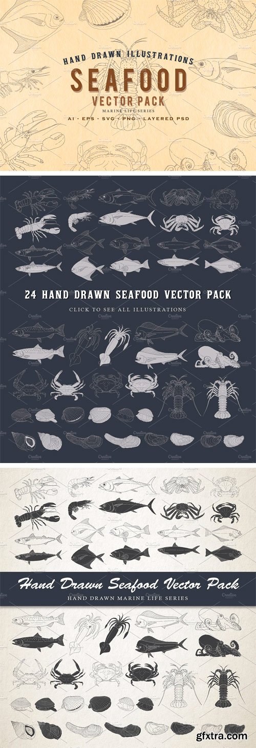 CM - 24 Hand Drawn Seafood Vector Set 2316604