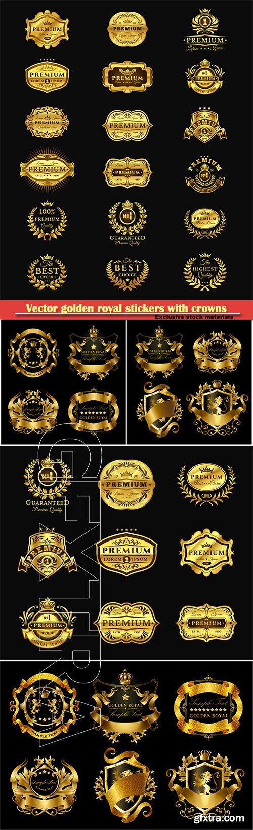 Vector golden royal stickers with crowns, elegant monogram and labels