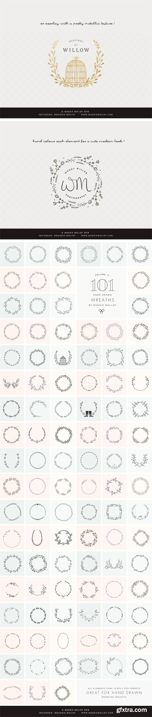 CM - 101 Hand Drawn Wreaths EPS PSD 2337257