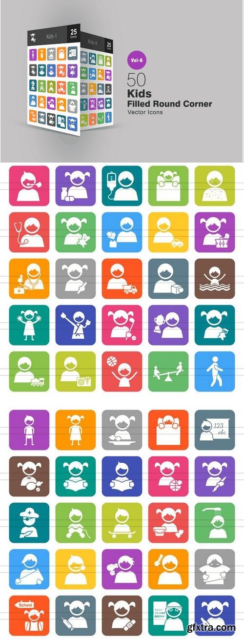 50 Kids Filled Round Corner Icons