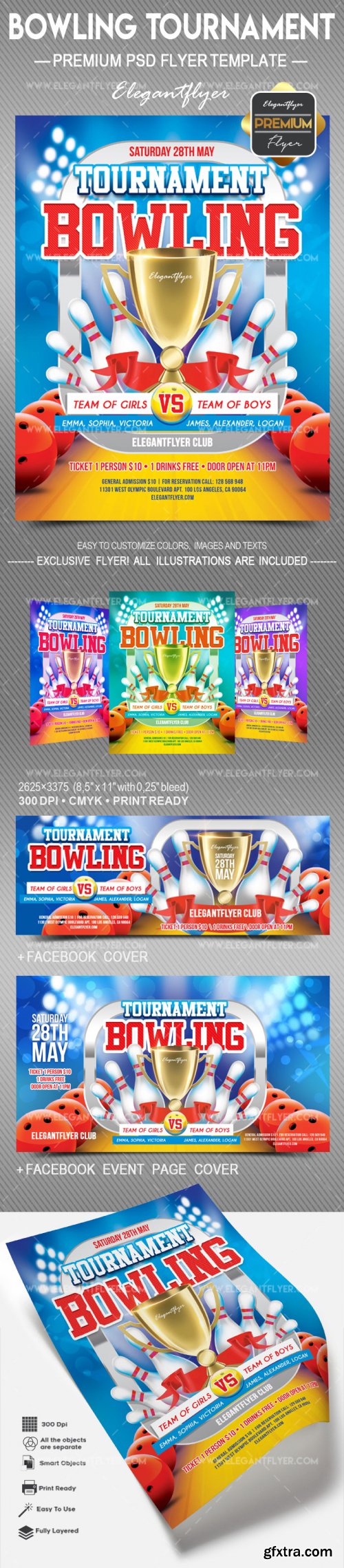 Bowling Tournament V9 Flyer PSD Template + Facebook Cover