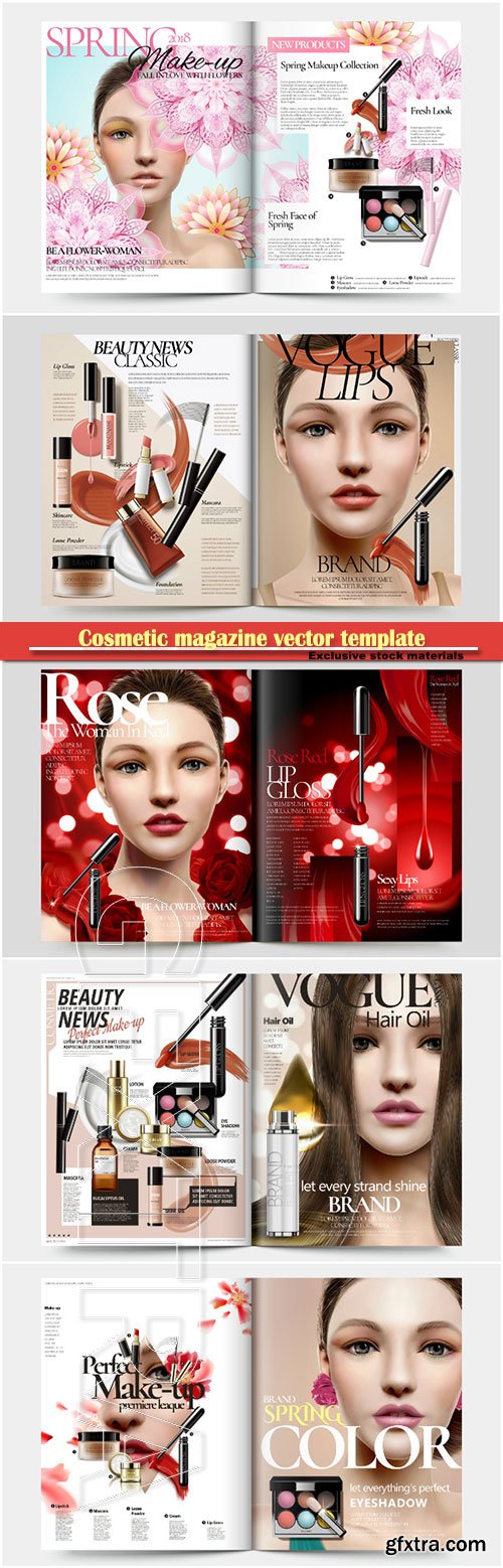 Cosmetic magazine vector template, attractive model with product containers in 3d illustration # 5