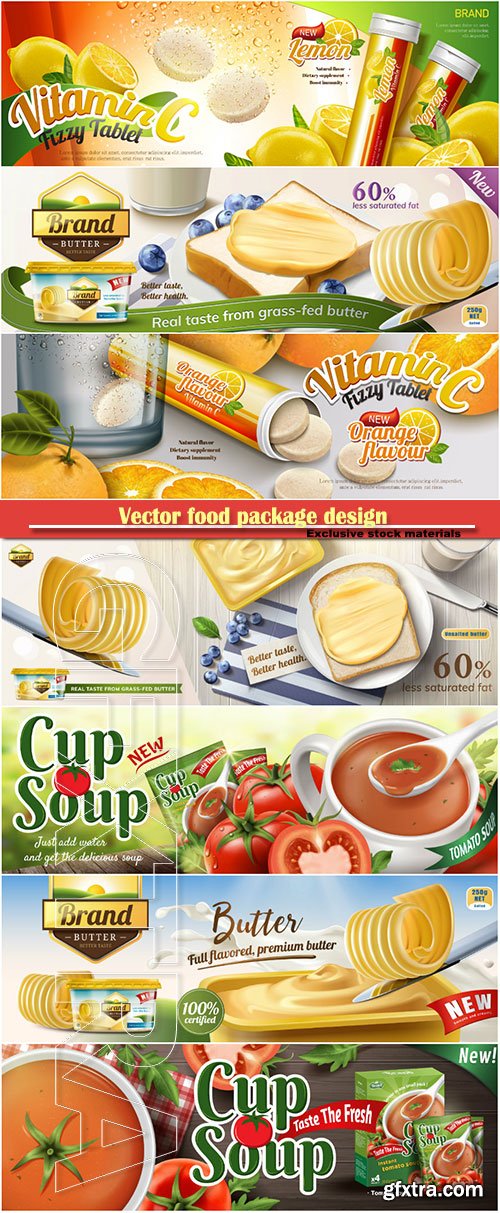 Vector food package design in 3d illustration, bokeh background