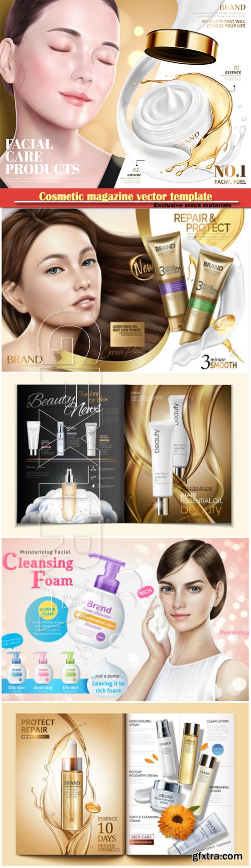 Cosmetic magazine vector template, attractive model with product containers in 3d illustration # 7