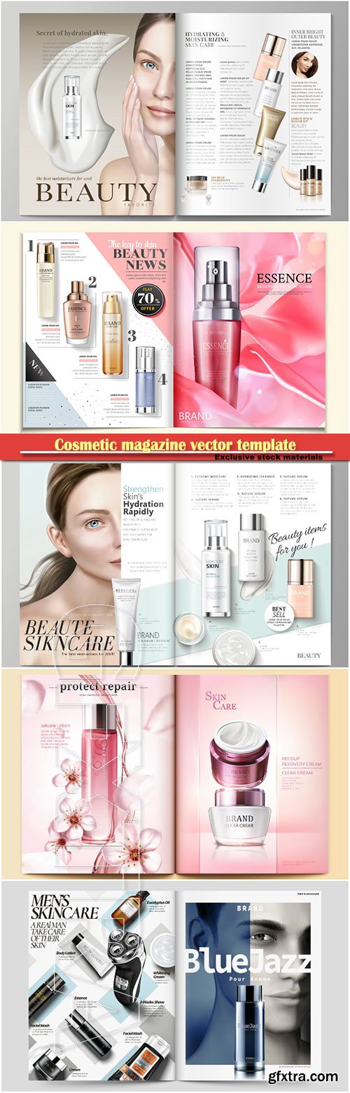 Cosmetic magazine vector template, attractive model with product containers in 3d illustration # 6