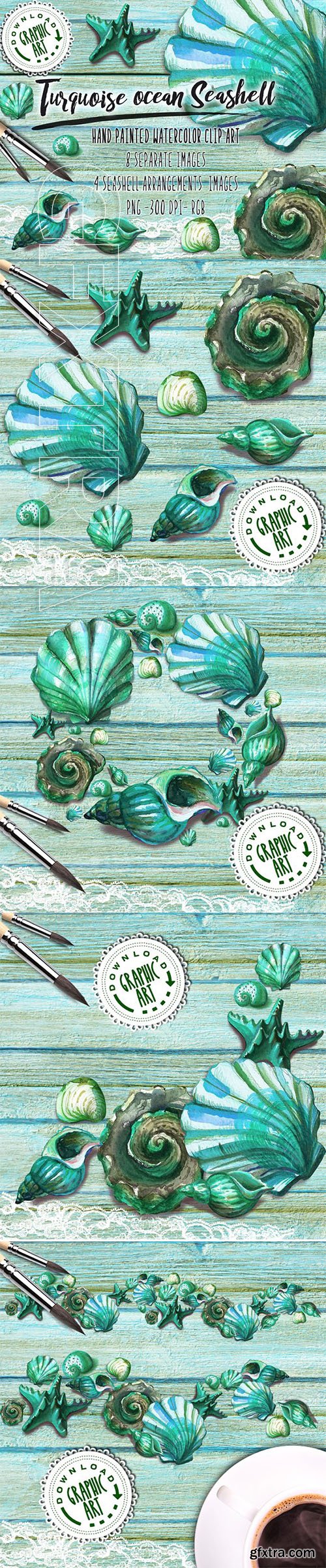 CreativeMarket - Watercolor clipart Seashell wreath 2390589