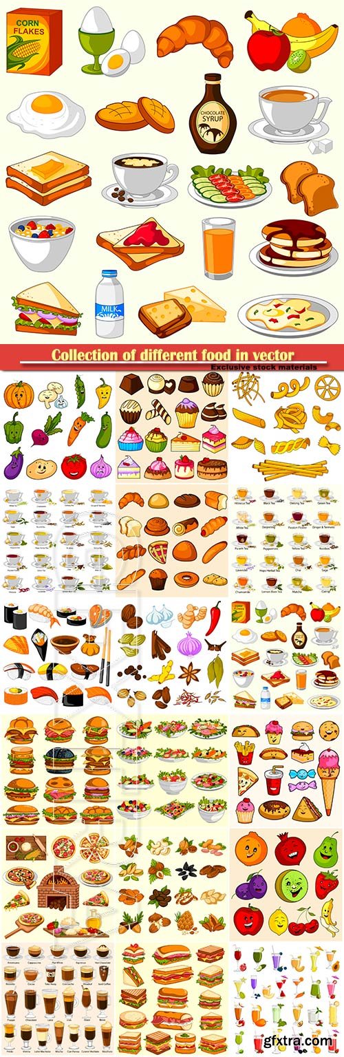 Collection of different food in vector, sweets, drinks, fast food, vegetables, fruits