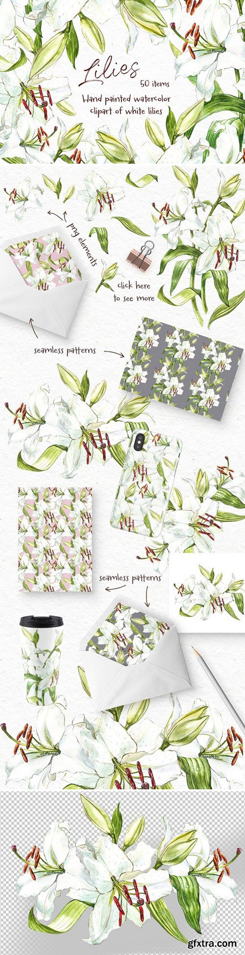 CM - White Lilies watercolor clipart 2356766