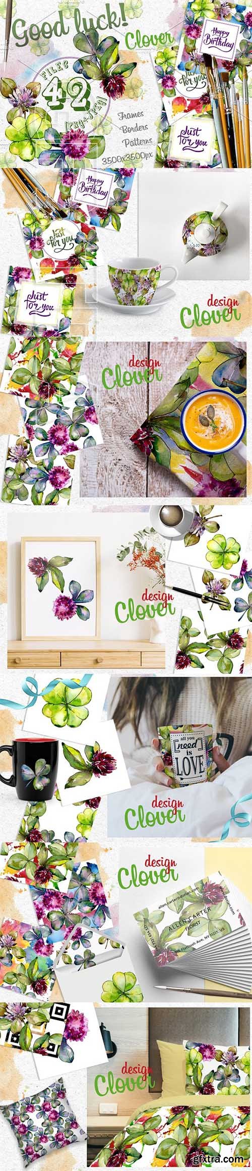 CreativeMarket - Clover PNG watercolor set 2413588