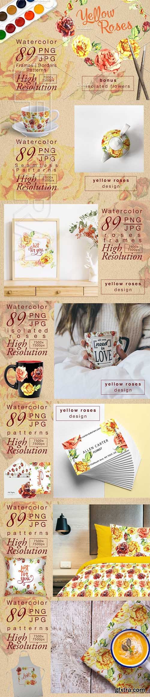 CreativeMarket - Yellow roses PNG watercolor set 2413582