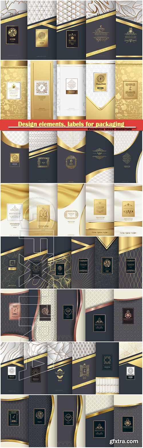 Collection of design elements, labels for packaging, design of luxury products for perfume, soap, wine, lotion