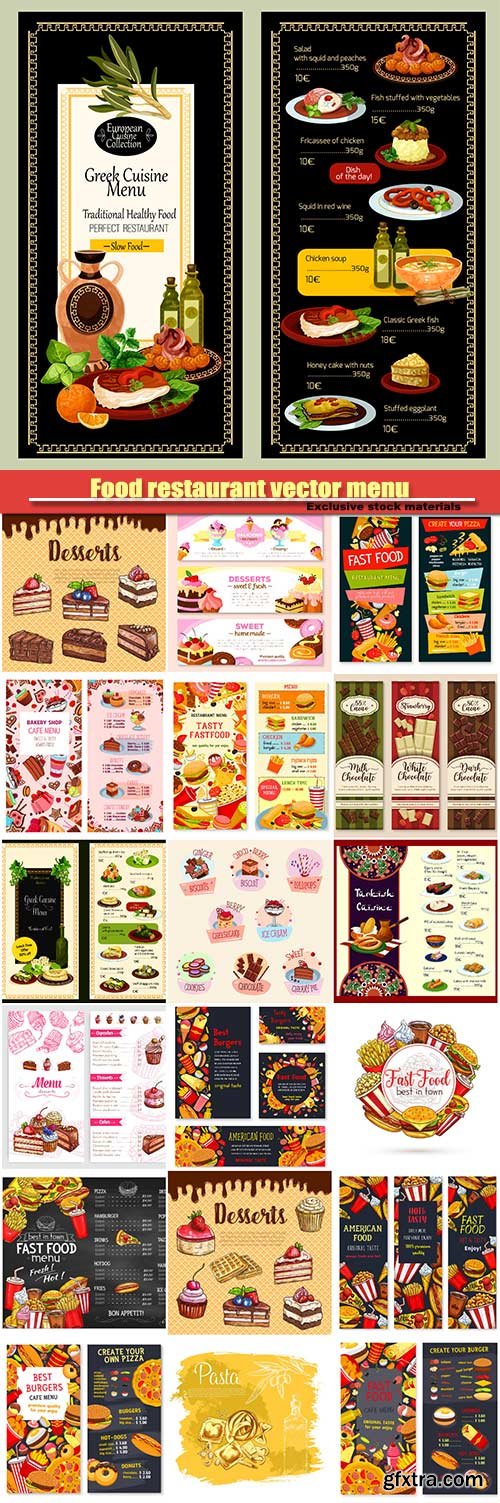 Food restaurant vector menu, drinks, meals, hamburger, pizza, desserts and cakes, chocolate