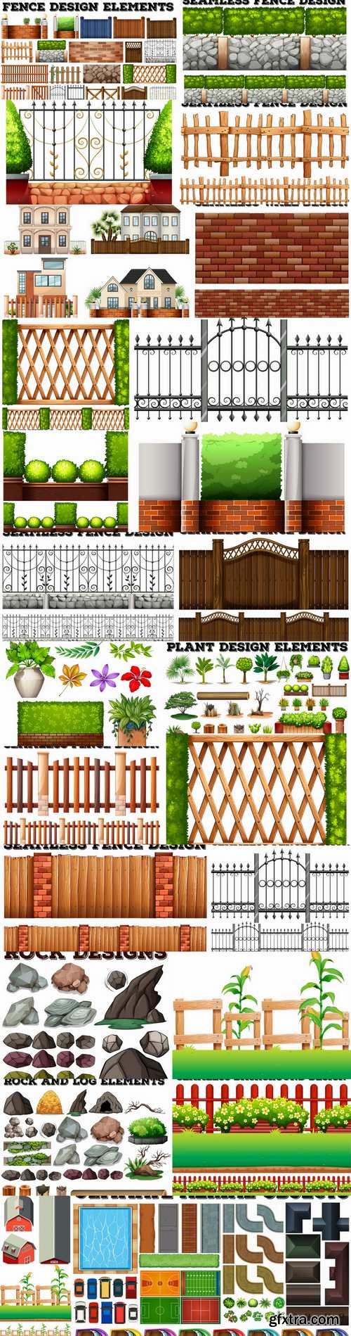 Landscape design element decoration fence stone fence gate house 25 EPS