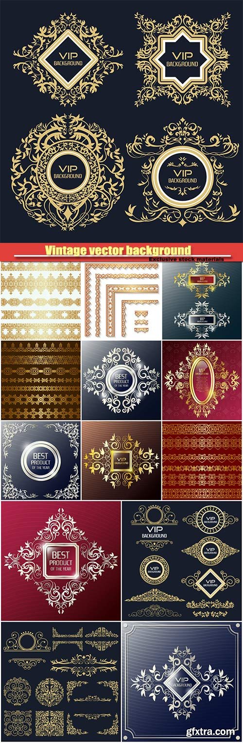 Vintage vector background flyer design template, gold borders