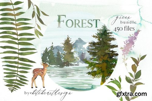 CreativeMarket Forest - Green Watercolor Bundle 2135568