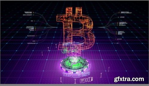 Futuristic Animation Of Bitcoin Symbol Being Formed By Particles On Abstract Grid Background