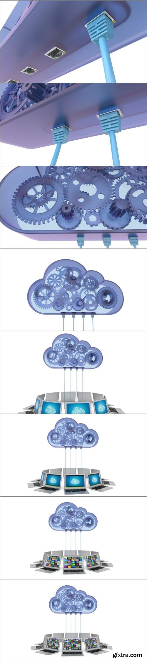 Multiple Laptops Connected To An Abstract Cloud Server