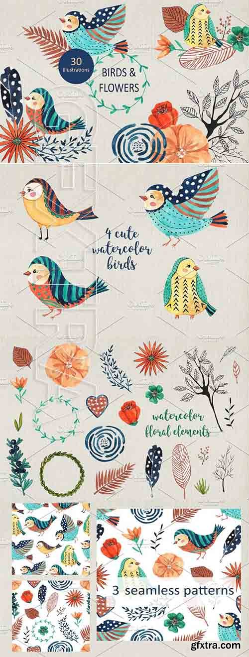 CreativeMarket - Birds & flowers design set 2443366