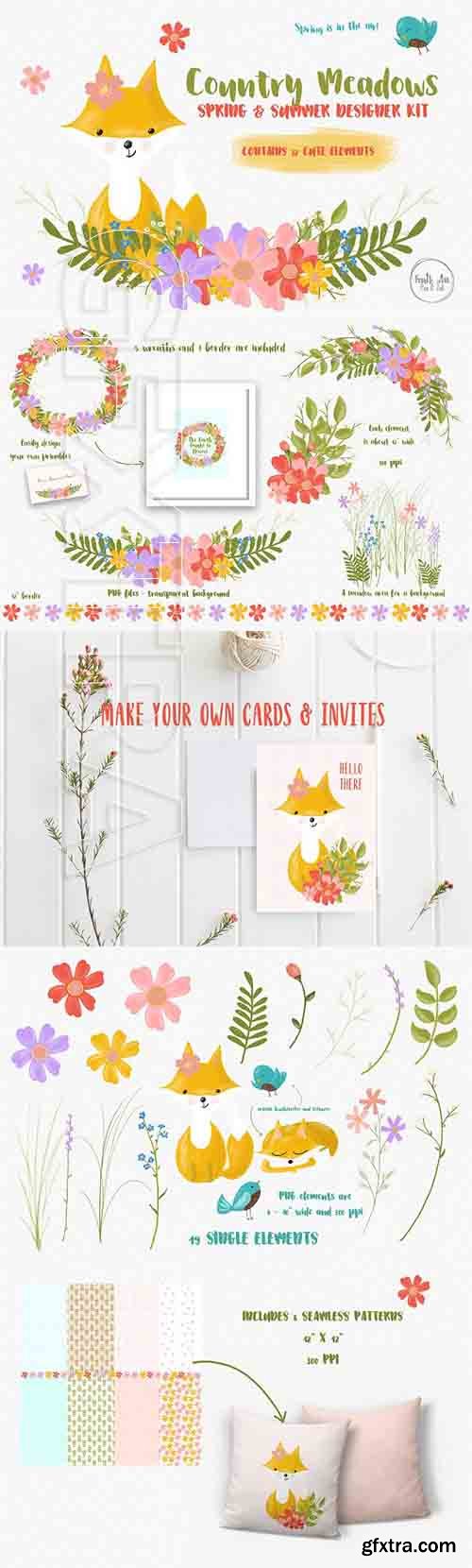 CreativeMarket - Fox and Flowers Illustrations 2443146