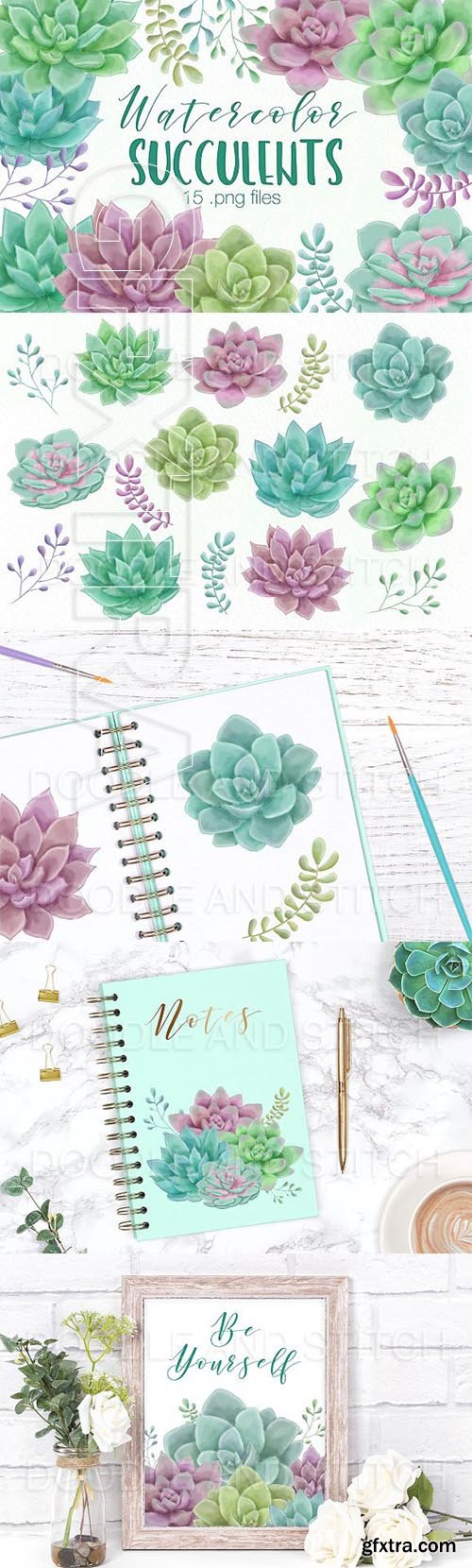 CreativeMarket - Watercolor Succulent Illustrations 2443405