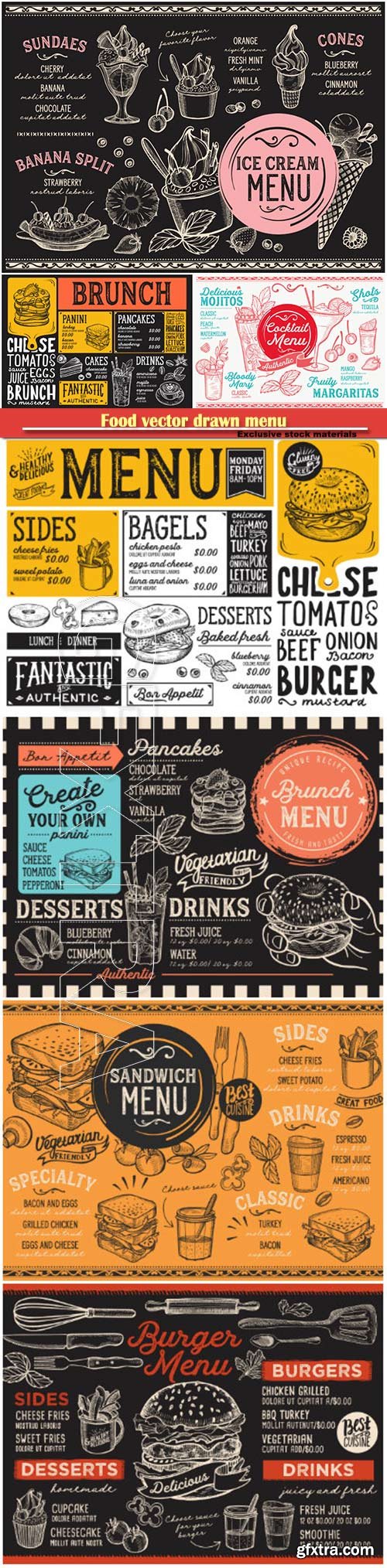 Food vector drawn menu, seafood, fast food, ice cream, cocktails, desserts