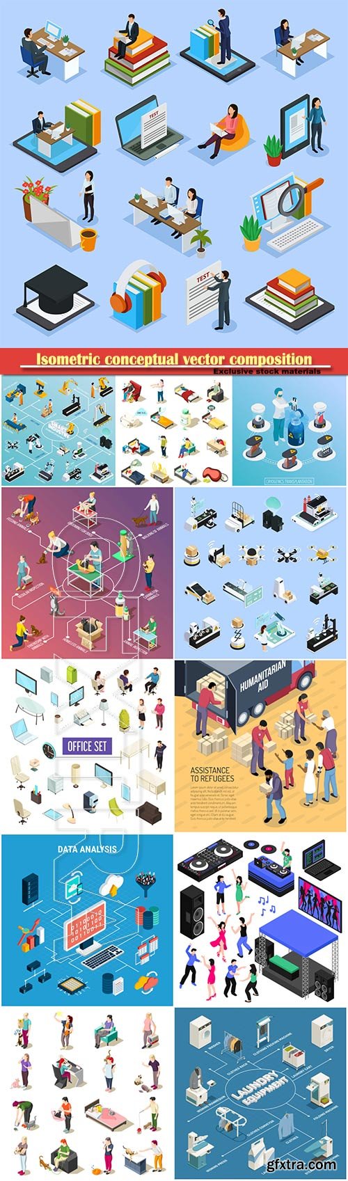 Isometric conceptual vector composition, infographics template, horizontal banners set # 5