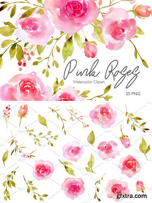 CM - Pink Watercolor Flowers Roses PNG 2430893