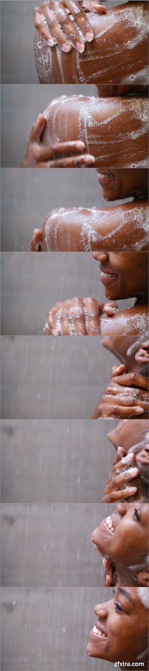 Sexy Black Woman Taking Shower In Modern Bathroom