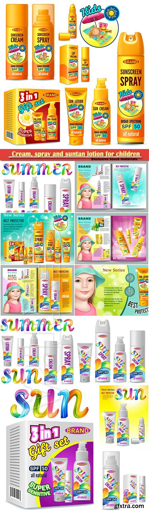 Cream, spray and suntan lotion for children