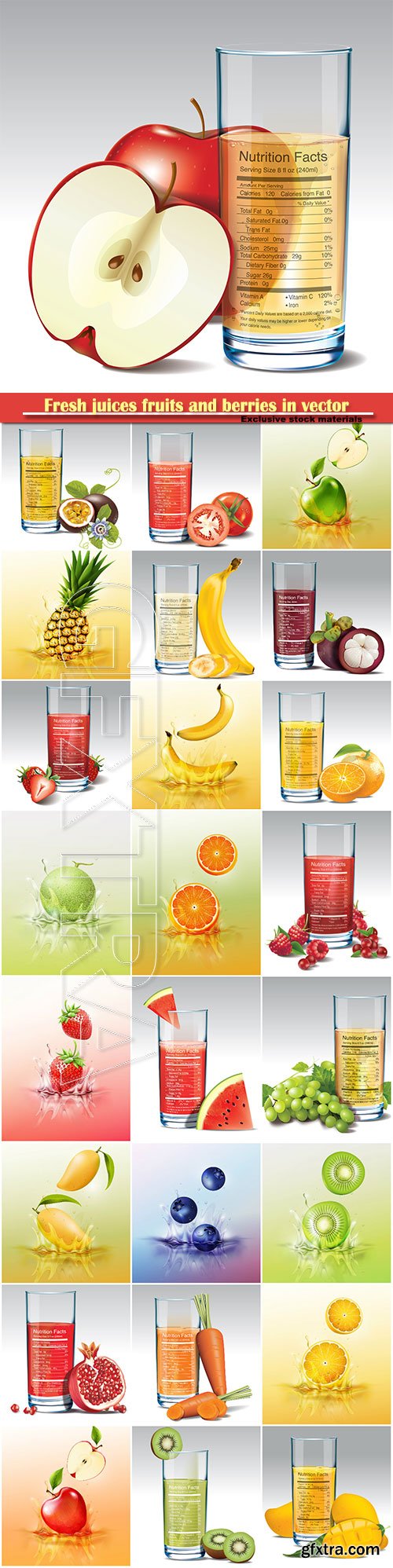 Fresh juices fruits and berries in vector