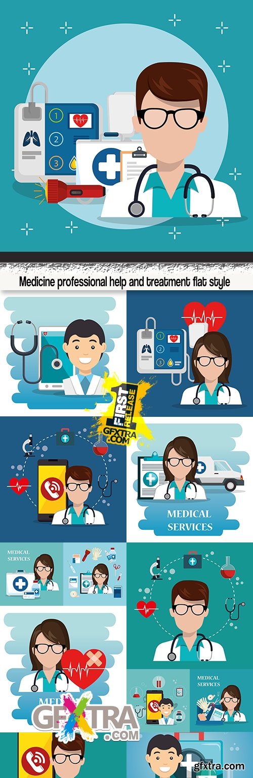 Medicine professional help and treatment flat style