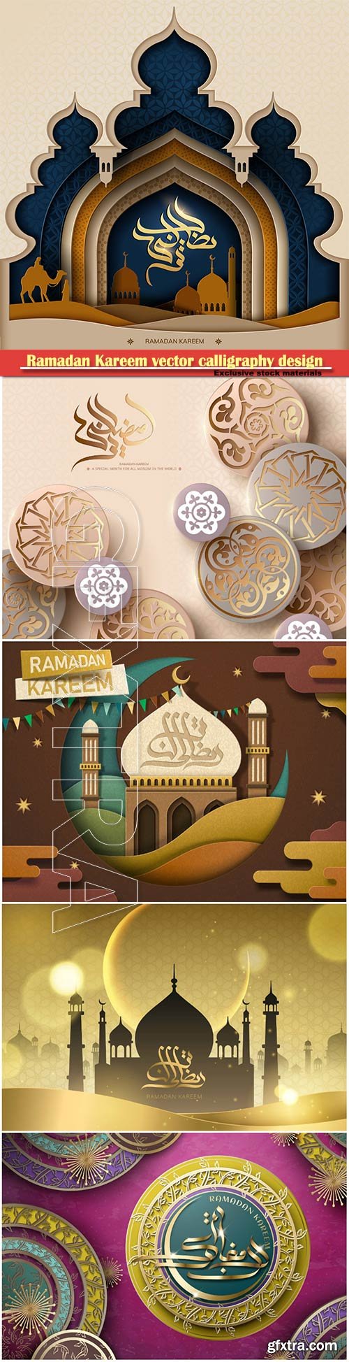 Ramadan Kareem vector calligraphy design with decorative floral pattern,mosque silhouette, crescent and glittering islamic background # 2