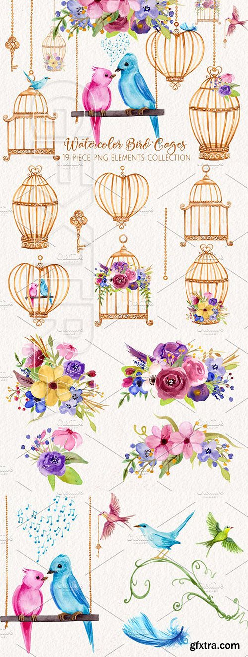 CreativeMarket - Watercolor Love Birds and Cages 2444846