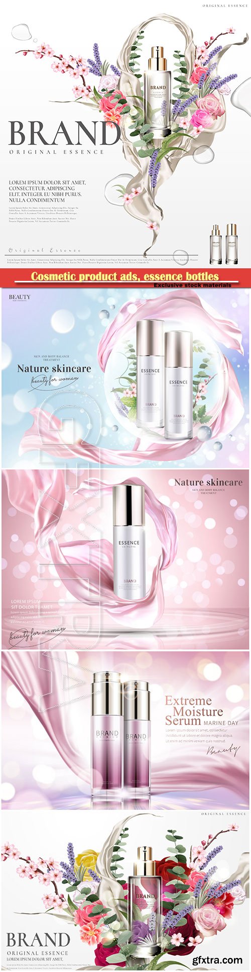 Cosmetic product ads, essence bottles with floral and plants in bubbles in 3d illustration, glitter bokeh background