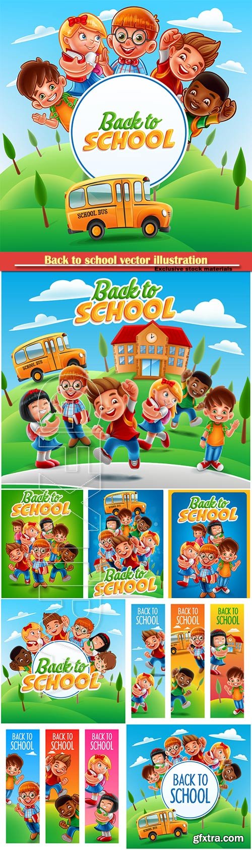 Back to school vector illustration, funny kids with school books