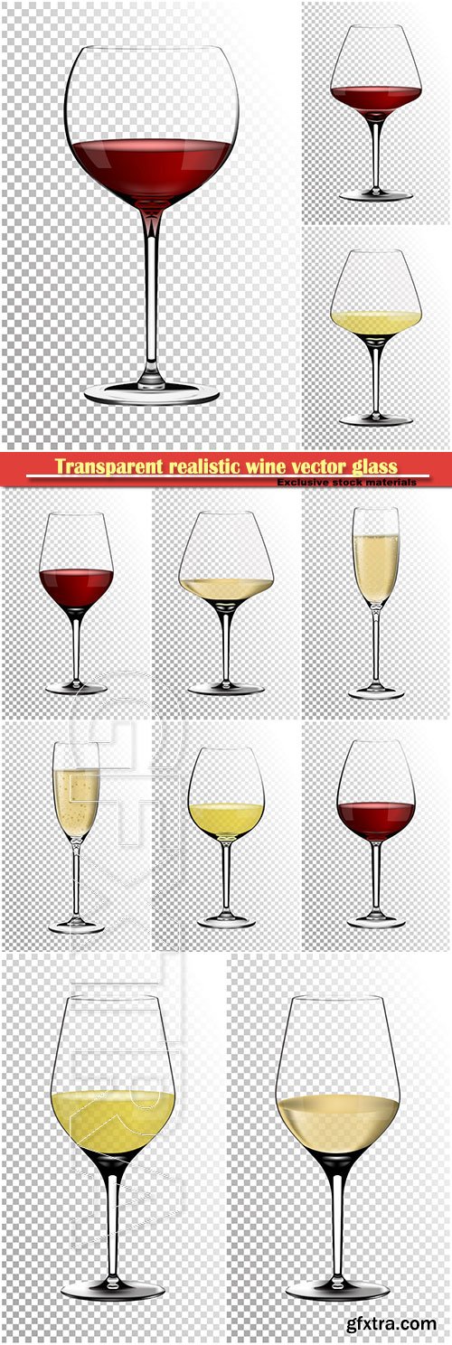 Transparent realistic wine vector glass full of white and red wine