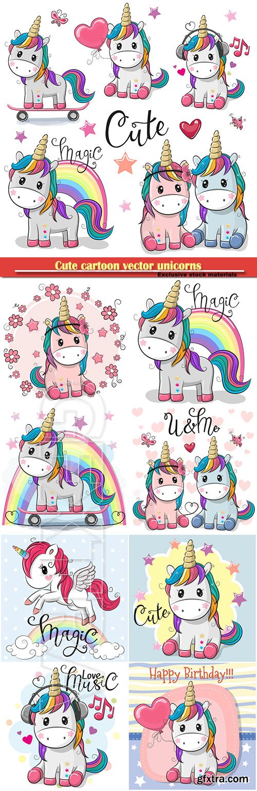 Cute cartoon vector unicorns isolated on a white background