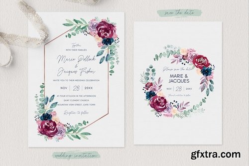 Wedding Invitation Set - Burgundy & Navy