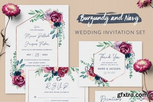 Wedding Invitation Set - Burgundy & Navy