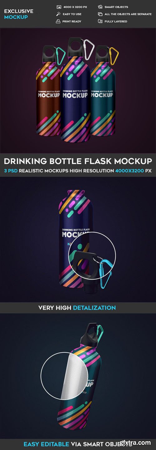 Drinking Bottle Flask - 3 PSD Mockups