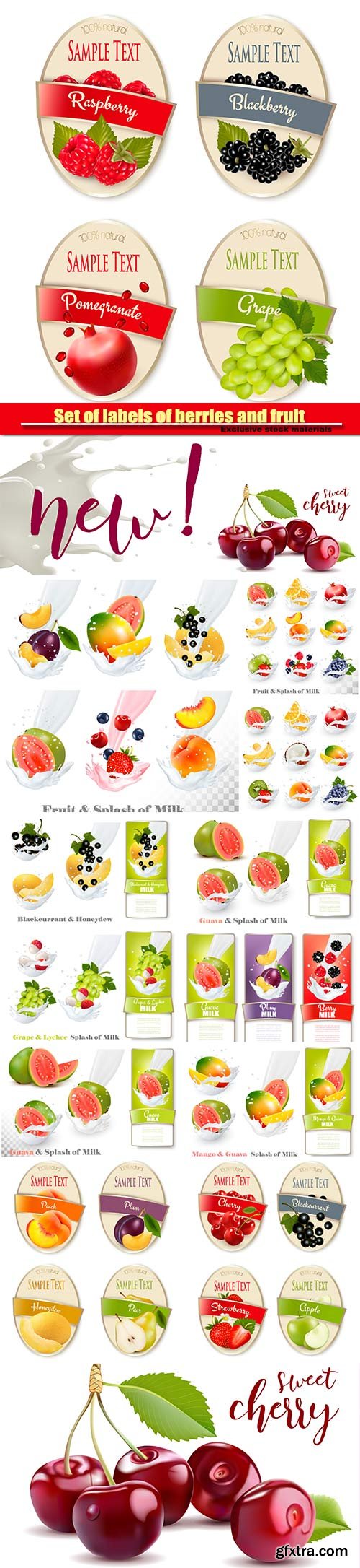 Set of labels of berries and fruit, fruit in a milk splash