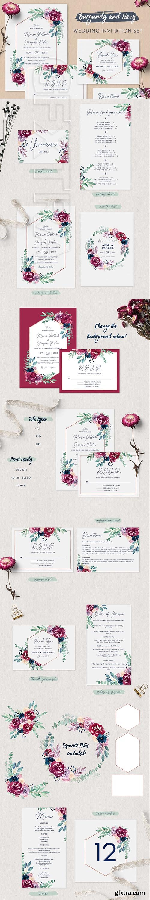 CreativeMarket - Burgundy Wedding Invitation Set 2573257