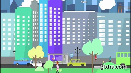 Videohive Flat City Vector - City with Buildings, Pedestrians, Cars, Planes... in Flat Design 16075205