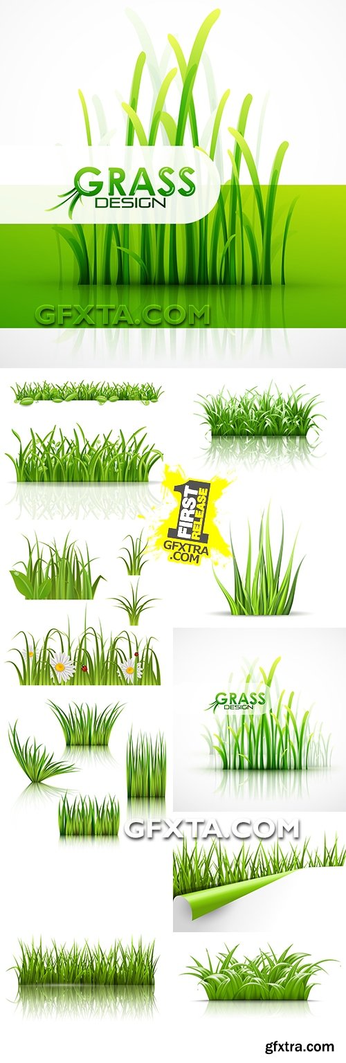 Realistic green summer grass with leaves collection